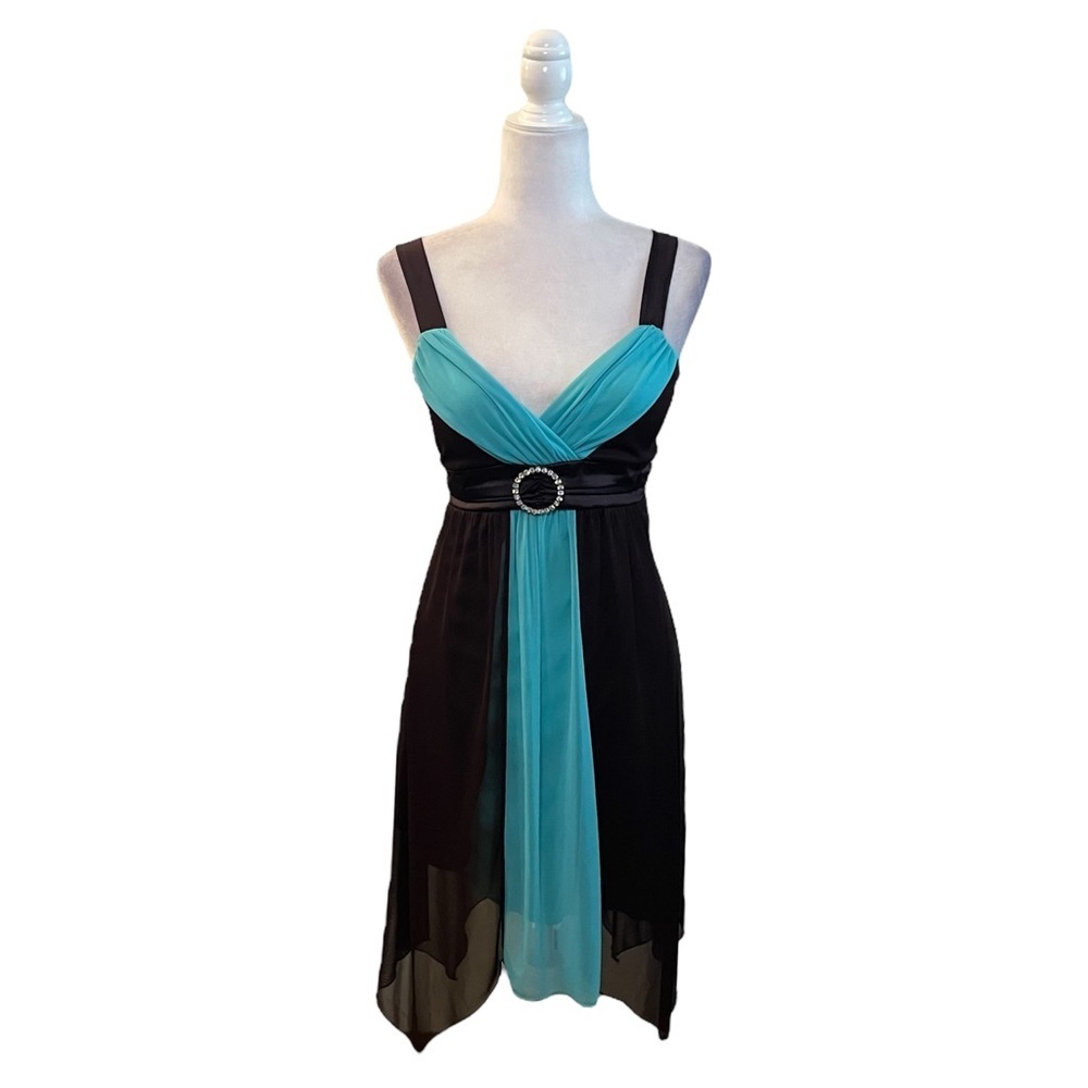 Taboo 90s Brown Teal Handkerchief Hem Mini Dress Large